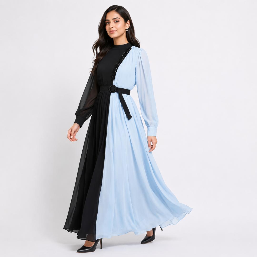 Black Blue Gown for Women | Dual Tone Long Gown Party Wear with Belt