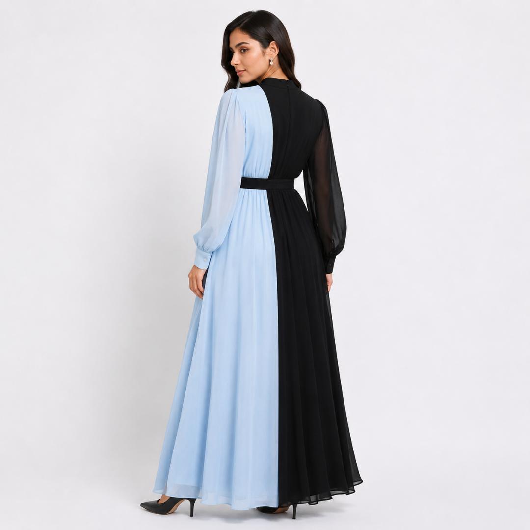 Black Blue Gown for Women | Dual Tone Long Gown Party Wear with Belt
