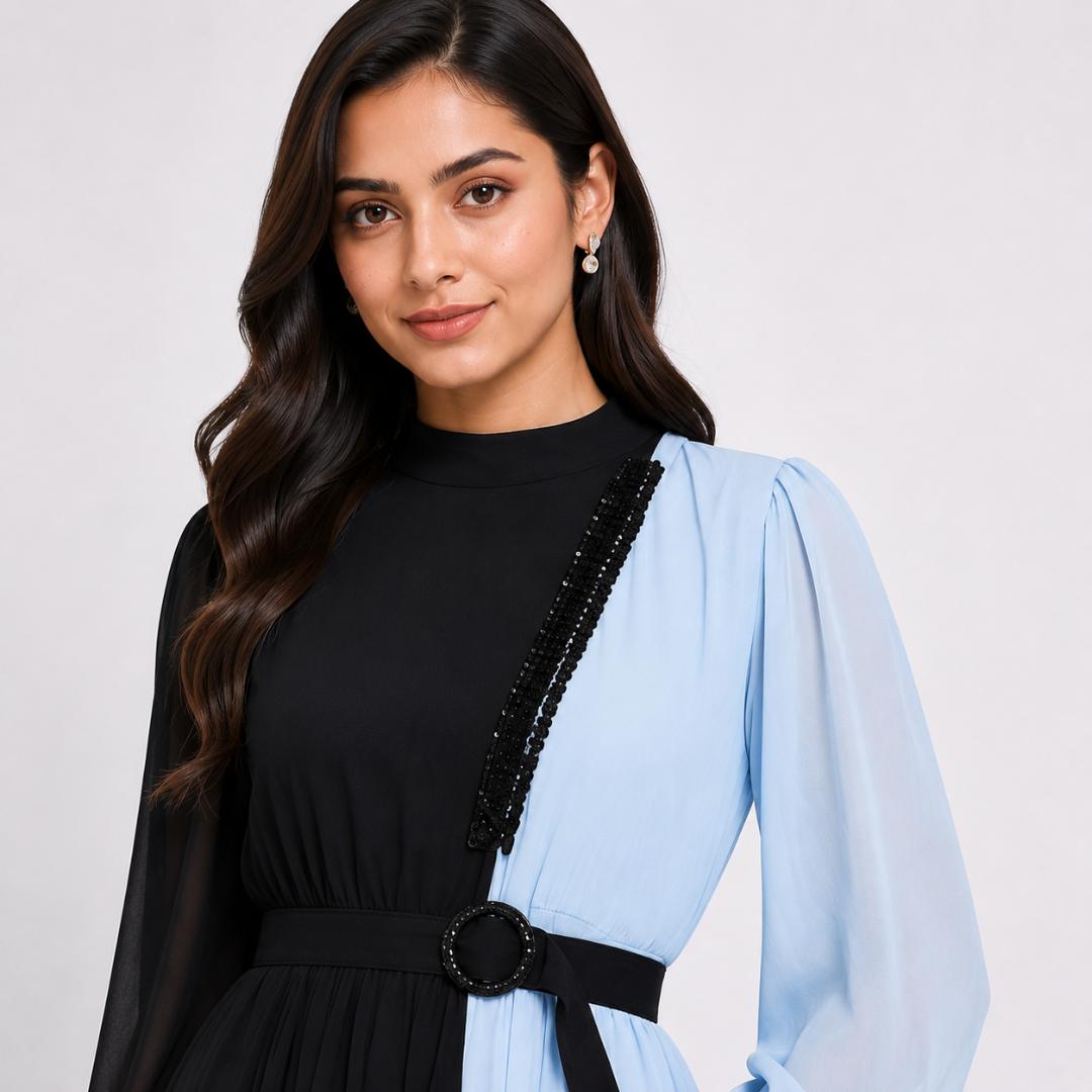 Black Blue Gown for Women | Dual Tone Long Gown Party Wear with Belt