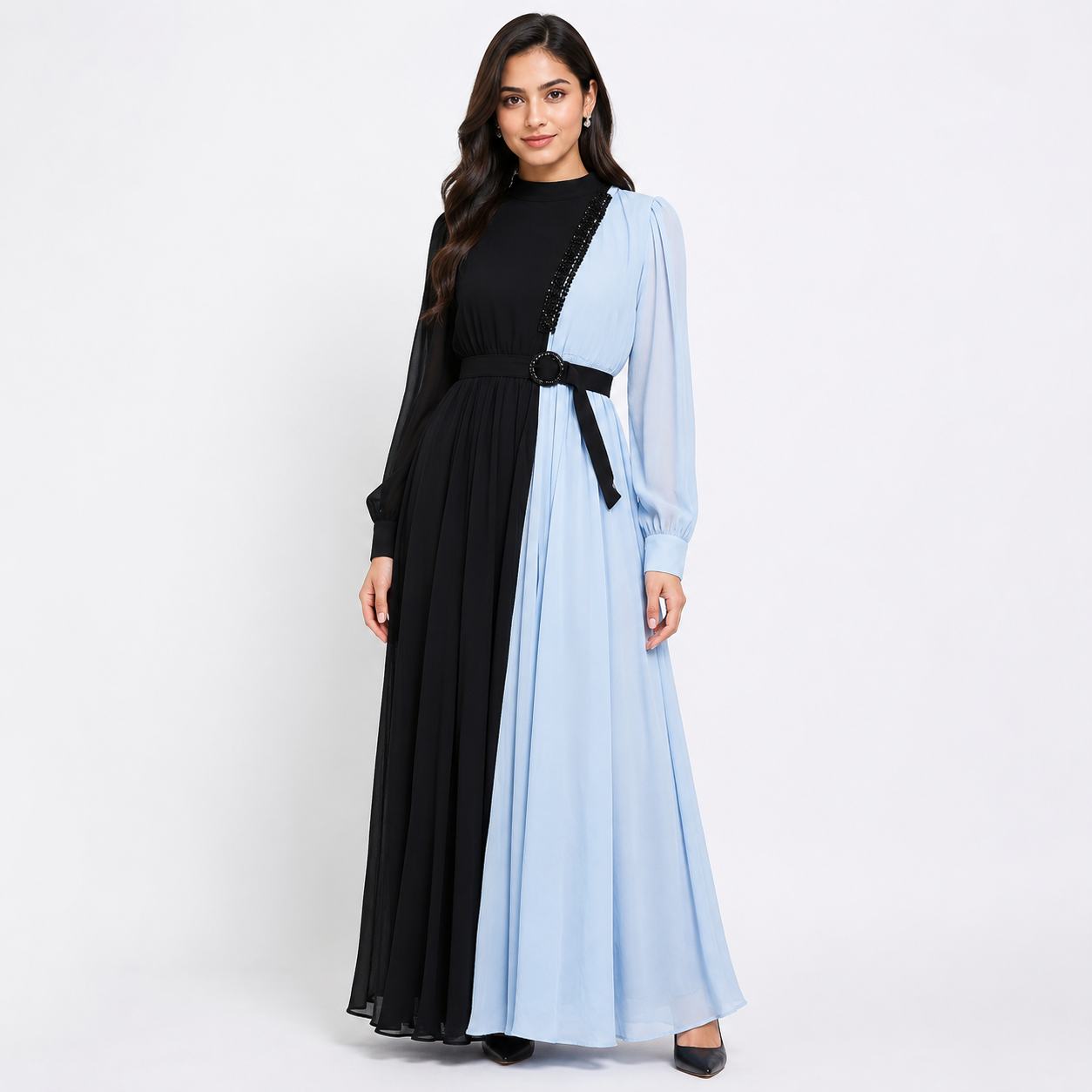 Black Blue Gown for Women | Dual Tone Long Gown Party Wear with Belt