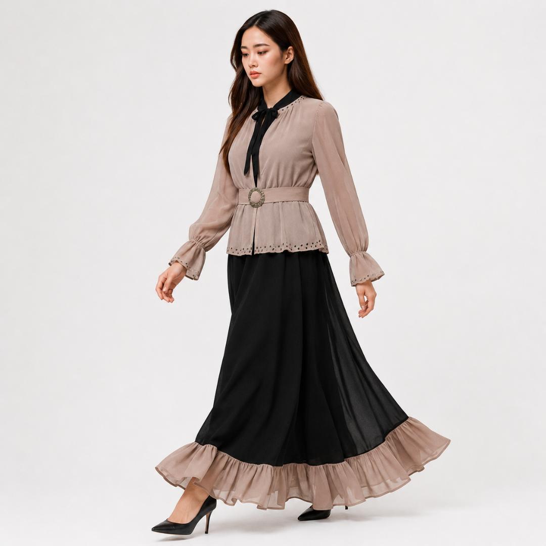 Black & Beige Maxi Dress for Women | Layered Party Wear Long Dress