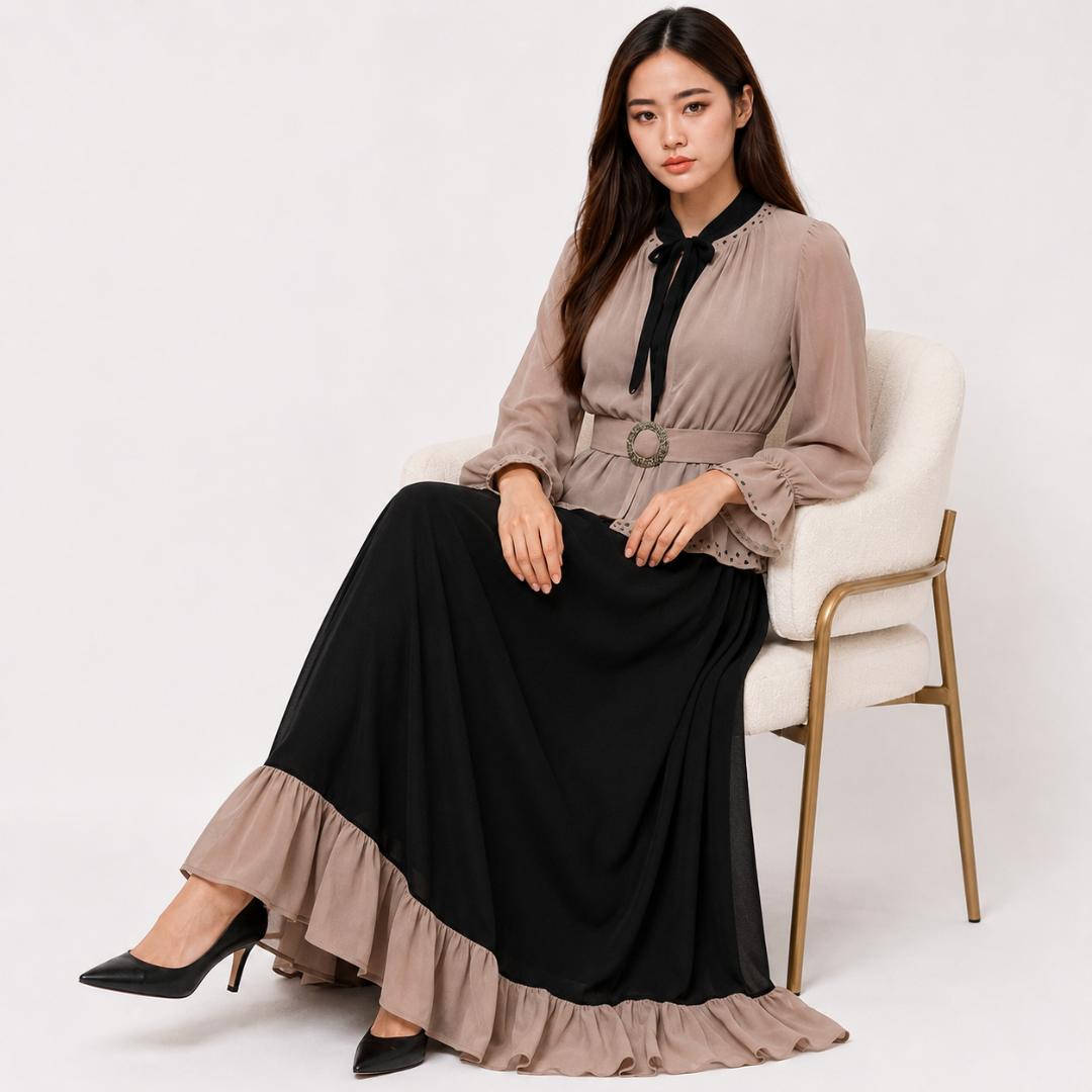 Black & Beige Maxi Dress for Women | Layered Party Wear Long Dress