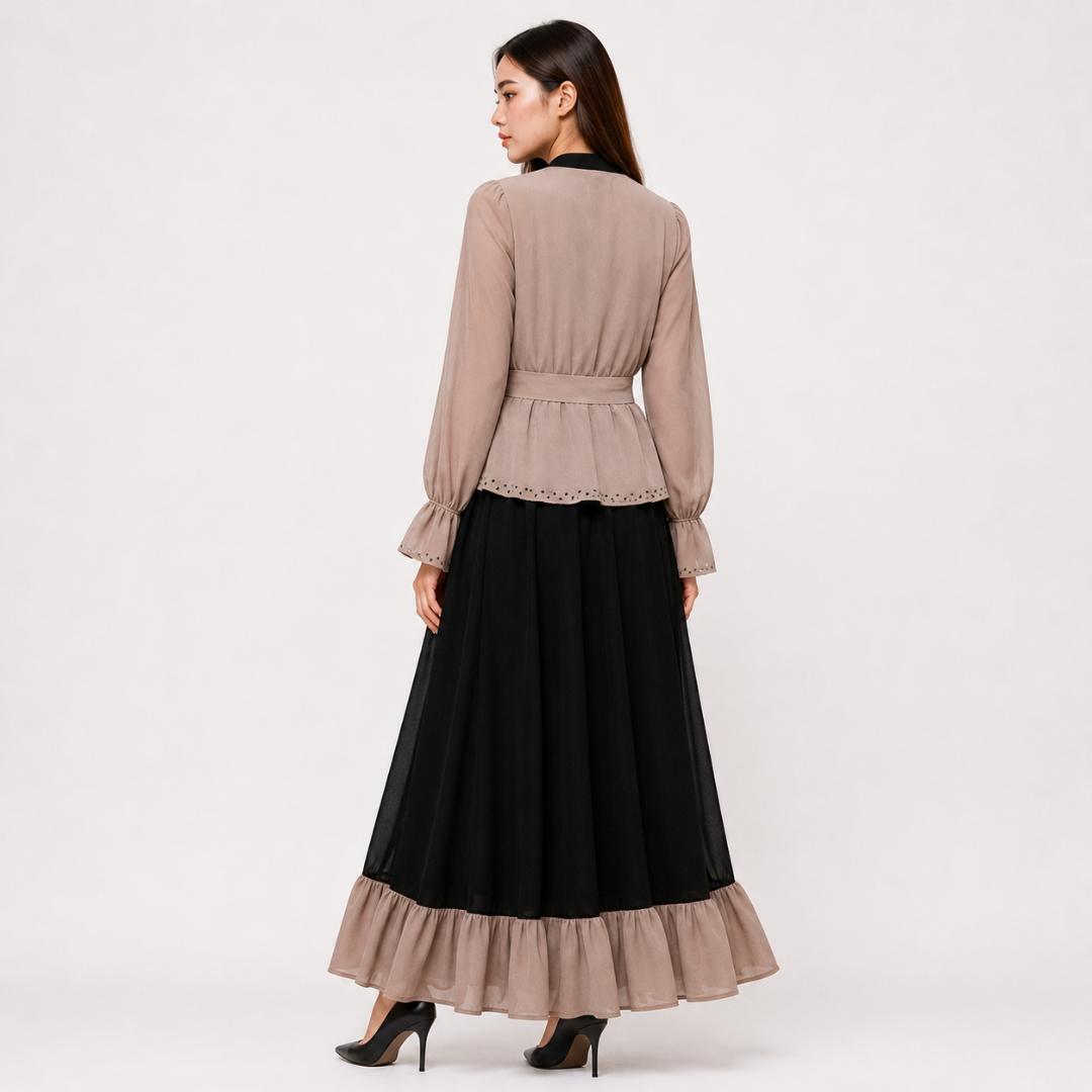 Black & Beige Maxi Dress for Women | Layered Party Wear Long Dress