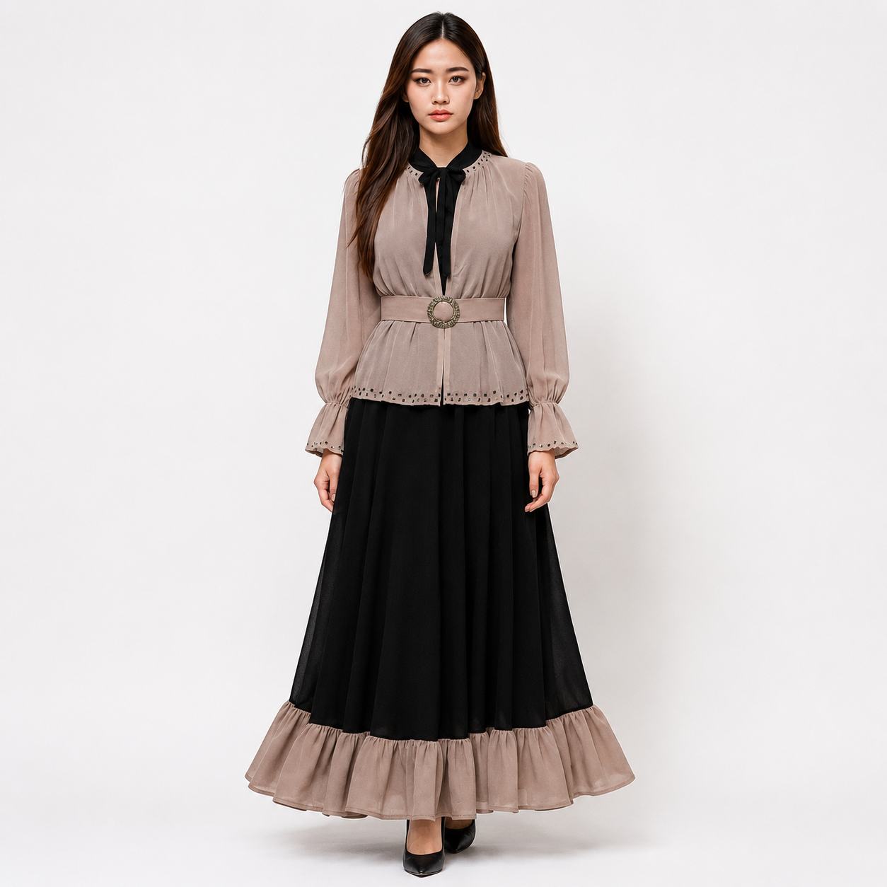 Black & Beige Maxi Dress for Women | Layered Party Wear Long Dress