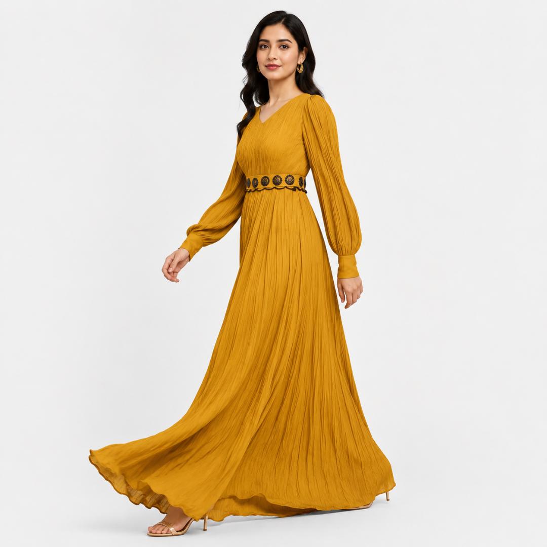 Mustard Yellow Maxi Dress for Women | Pleated Party Wear Long Dress Gold