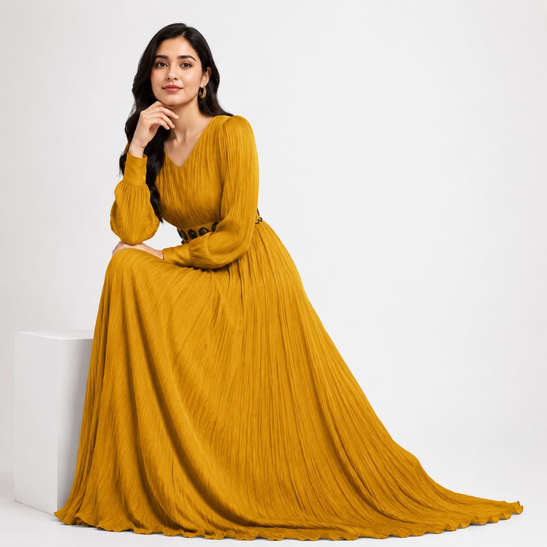 Mustard Yellow Maxi Dress for Women | Pleated Party Wear Long Dress Gold