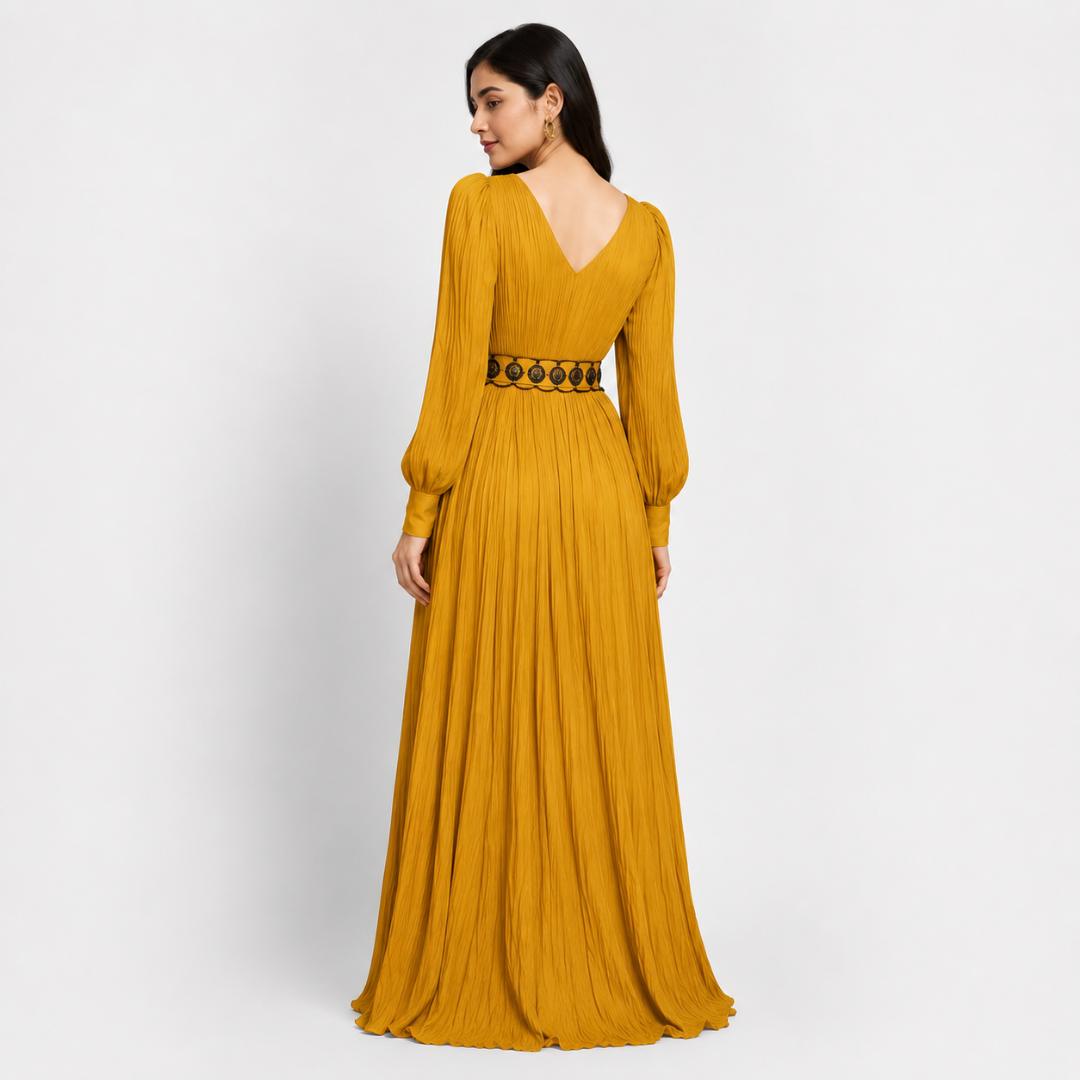 Mustard Yellow Maxi Dress for Women | Pleated Party Wear Long Dress Gold