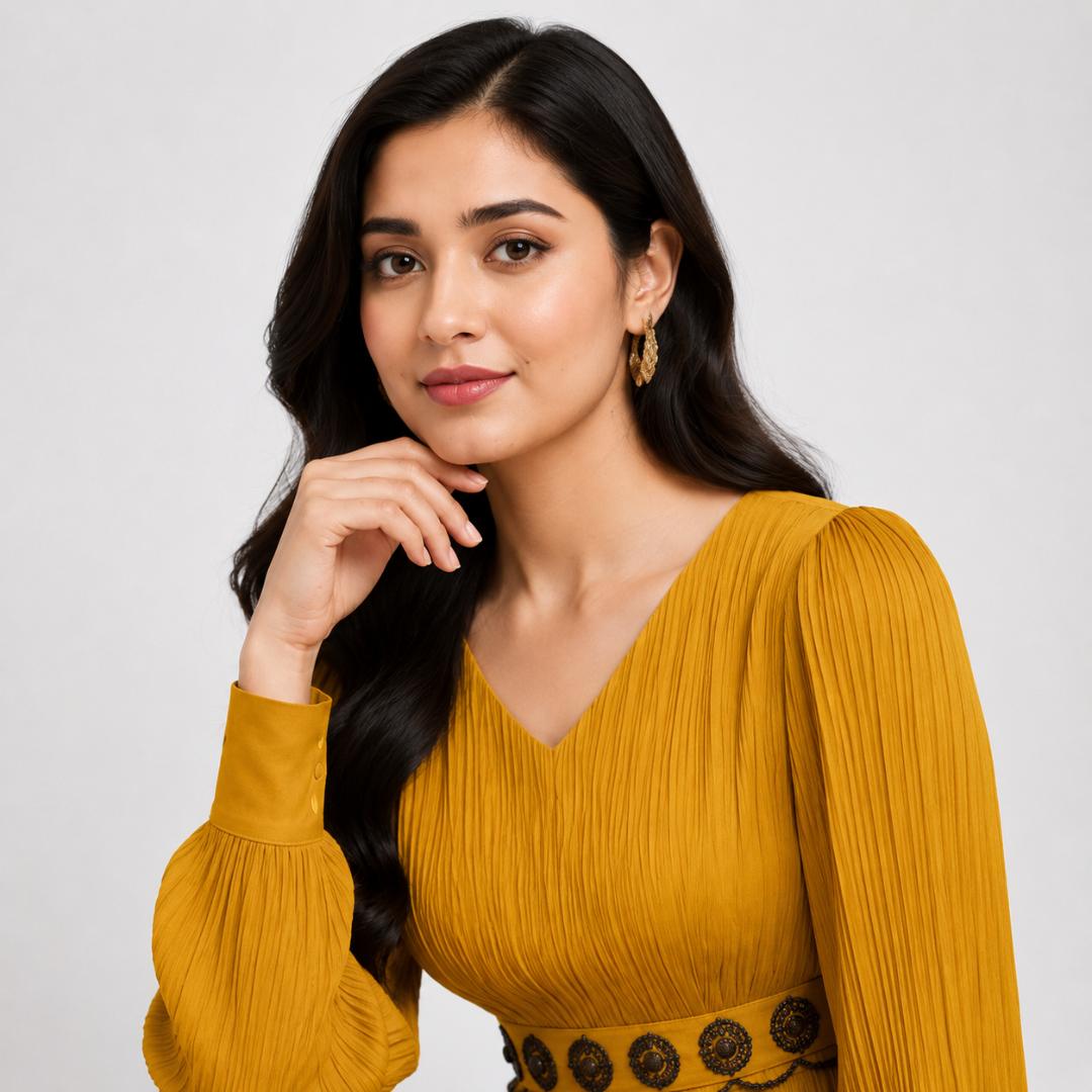 Mustard Yellow Maxi Dress for Women | Pleated Party Wear Long Dress Gold