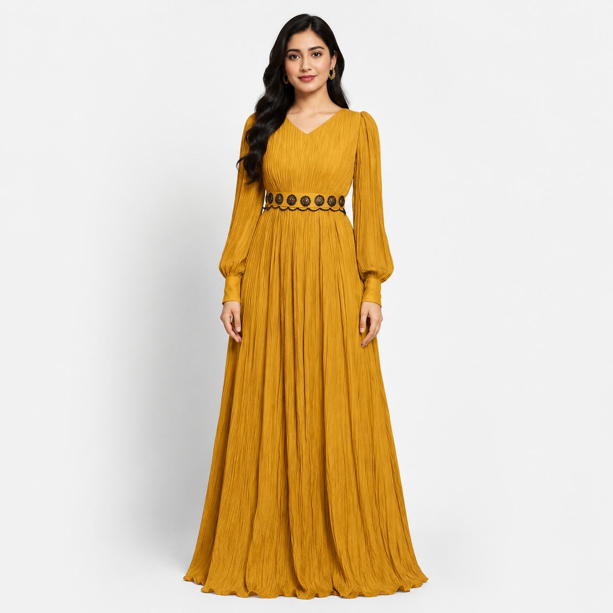 Mustard Yellow Maxi Dress for Women | Pleated Party Wear Long Dress Gold