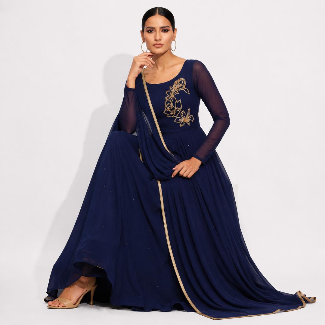 Navy Blue Embroidered Cape Style Elegant Maxi Gown