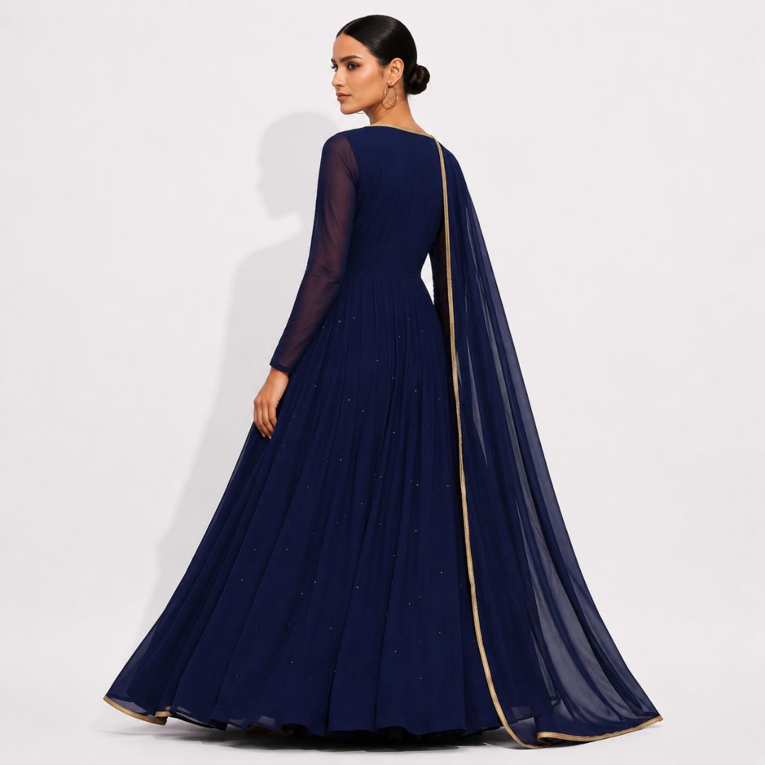 Navy Blue Embroidered Cape Style Elegant Maxi Gown