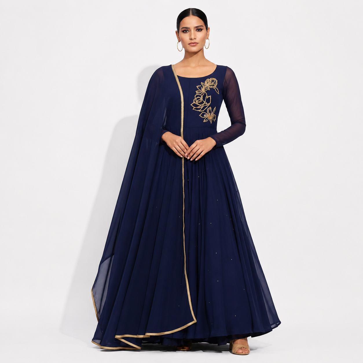 Navy Blue Embroidered Cape Style Elegant Maxi Gown