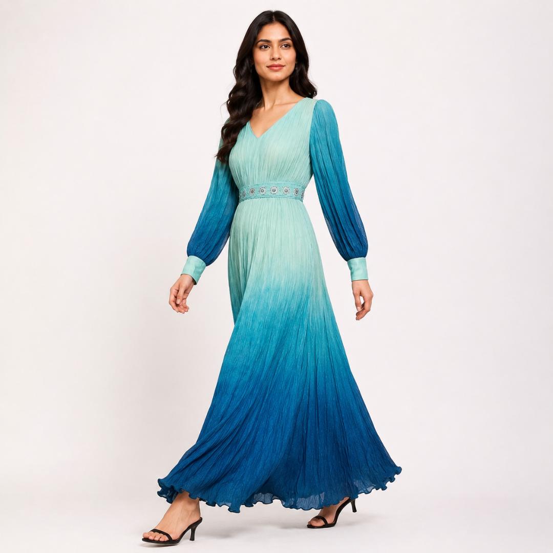 Ocean Blue Maxi Dress for Women | Ombre Pleated Party Wear Long Dress