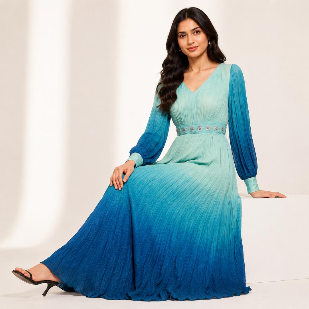 Ocean Blue Maxi Dress for Women | Ombre Pleated Party Wear Long Dress