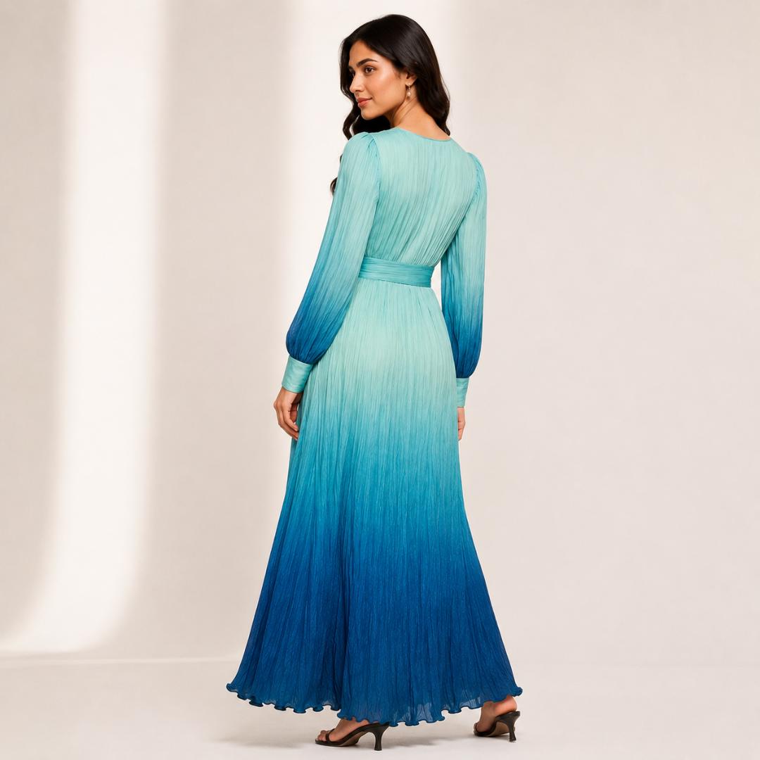 Ocean Blue Maxi Dress for Women | Ombre Pleated Party Wear Long Dress