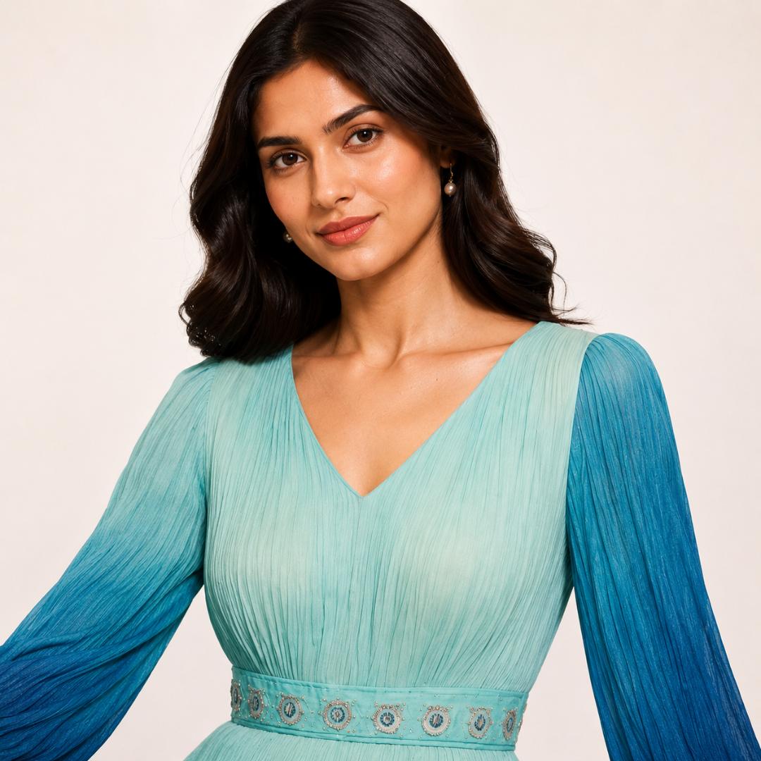 Ocean Blue Maxi Dress for Women | Ombre Pleated Party Wear Long Dress