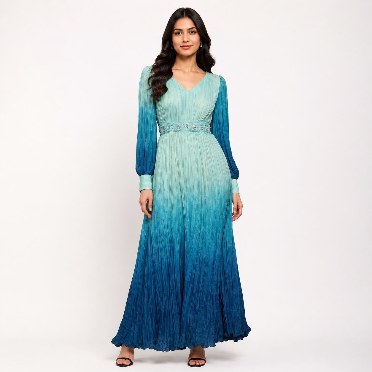 Ocean Blue Maxi Dress for Women | Ombre Pleated Party Wear Long Dress