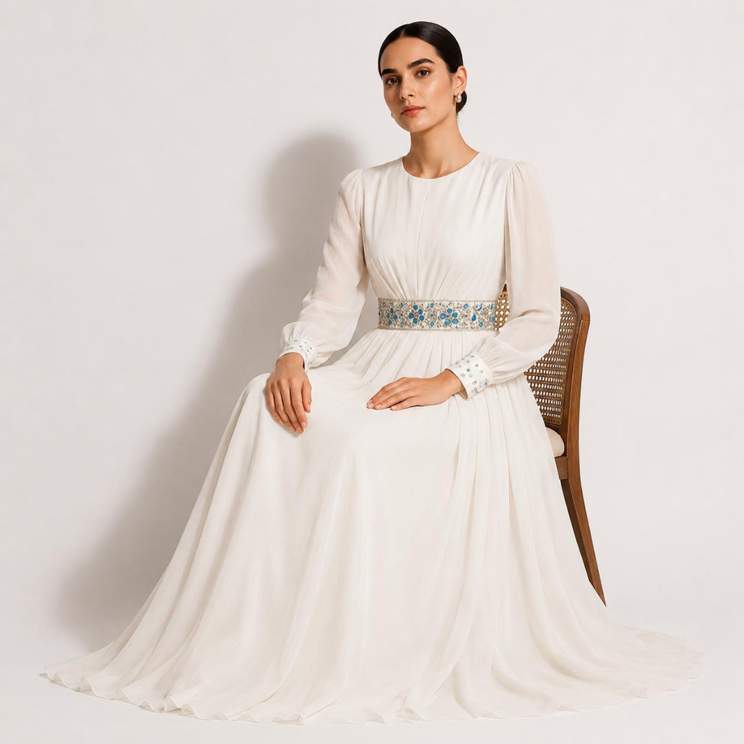 Off White  Royal Embellished Waist Maxi Gown