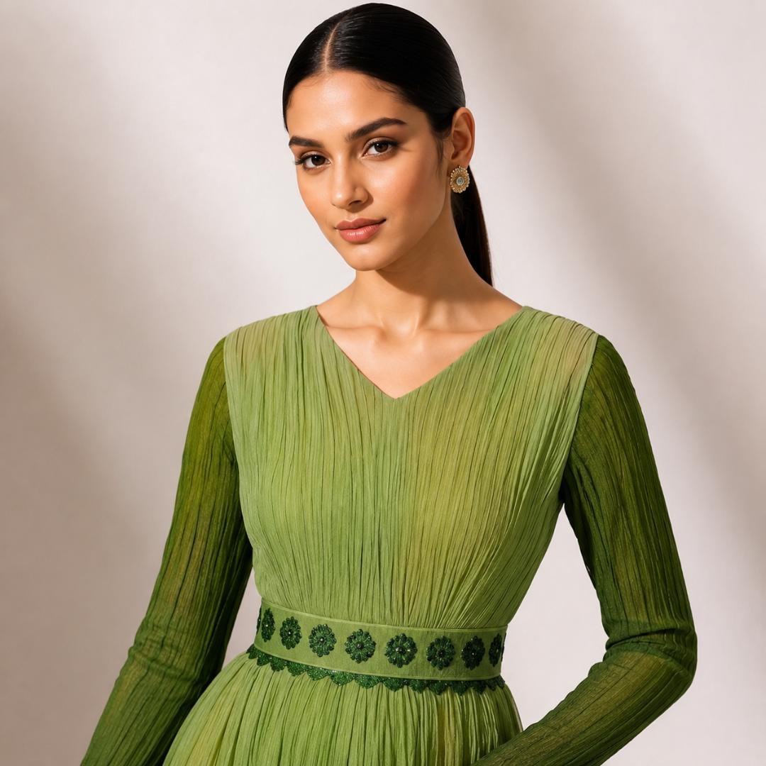 Olive Green Pleated Maxi Dress with Embroidered Belt