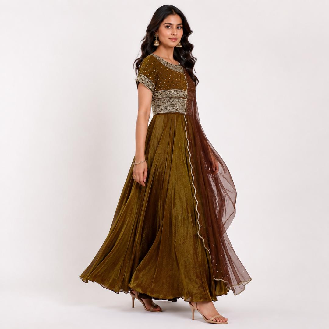 Anarkali Gown with Dupatta | Olive Green Party Wear Ethnic Gown Women