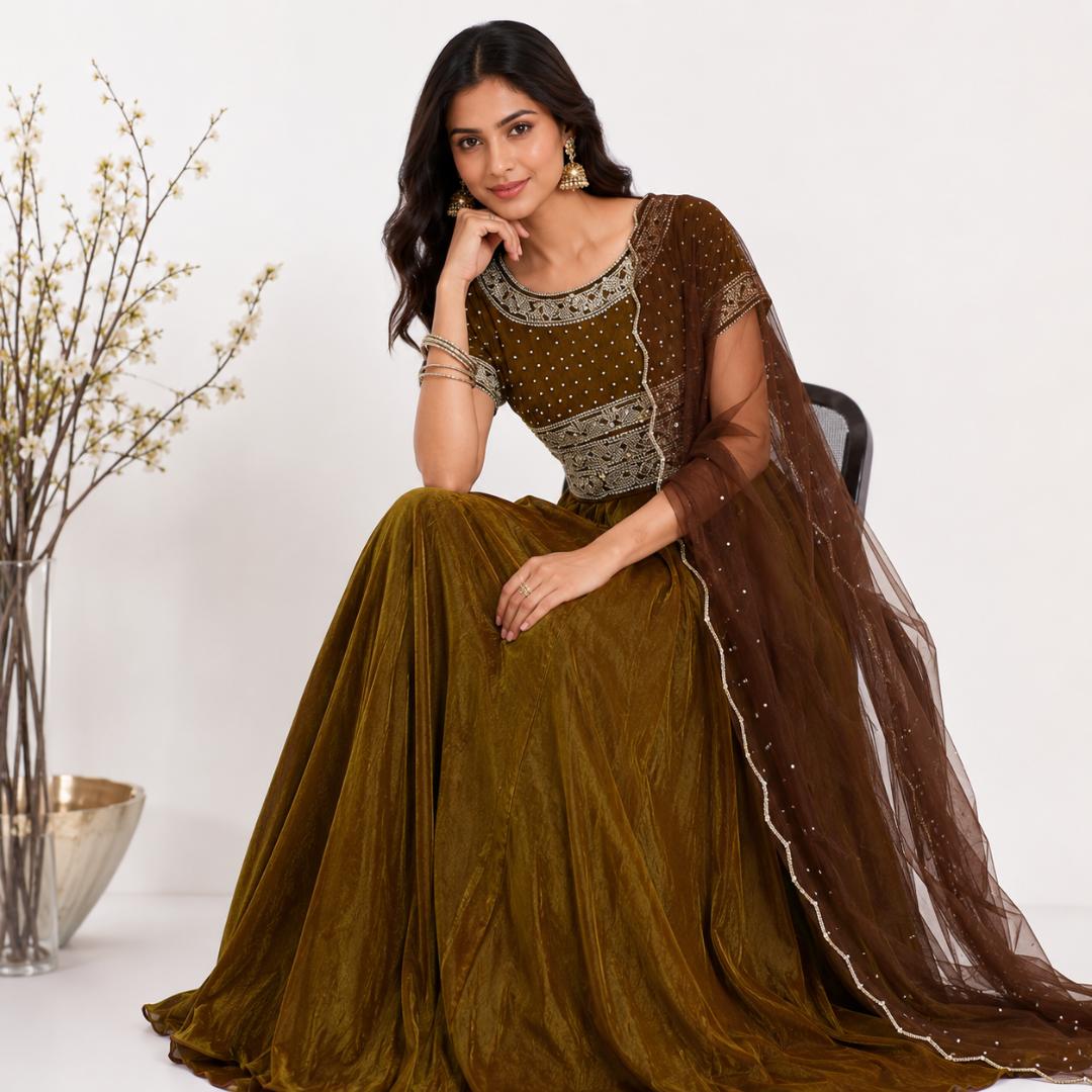 Anarkali Gown with Dupatta | Olive Green Party Wear Ethnic Gown Women