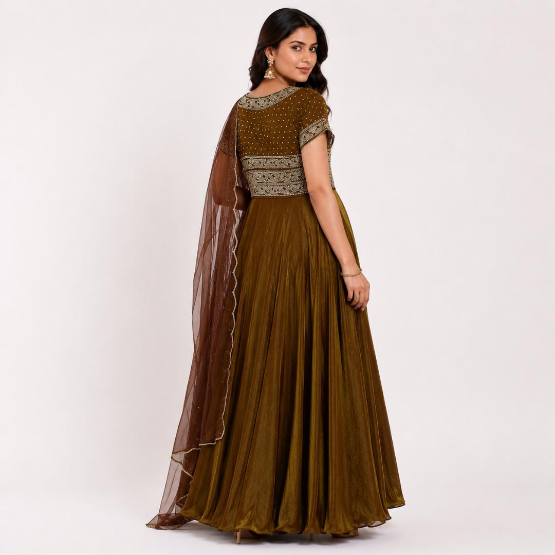 Anarkali Gown with Dupatta | Olive Green Party Wear Ethnic Gown Women