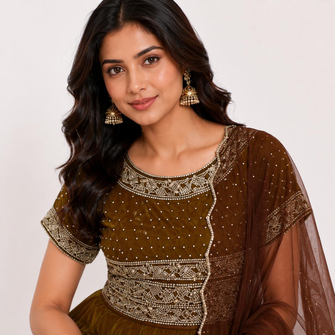 Anarkali Gown with Dupatta | Olive Green Party Wear Ethnic Gown Women