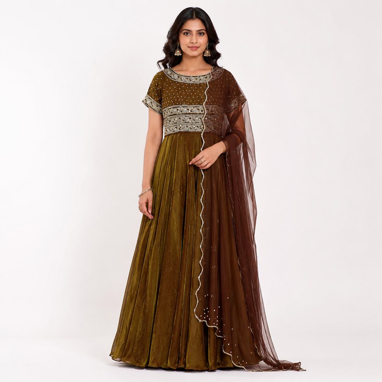 Anarkali Gown with Dupatta | Olive Green Party Wear Ethnic Gown Women