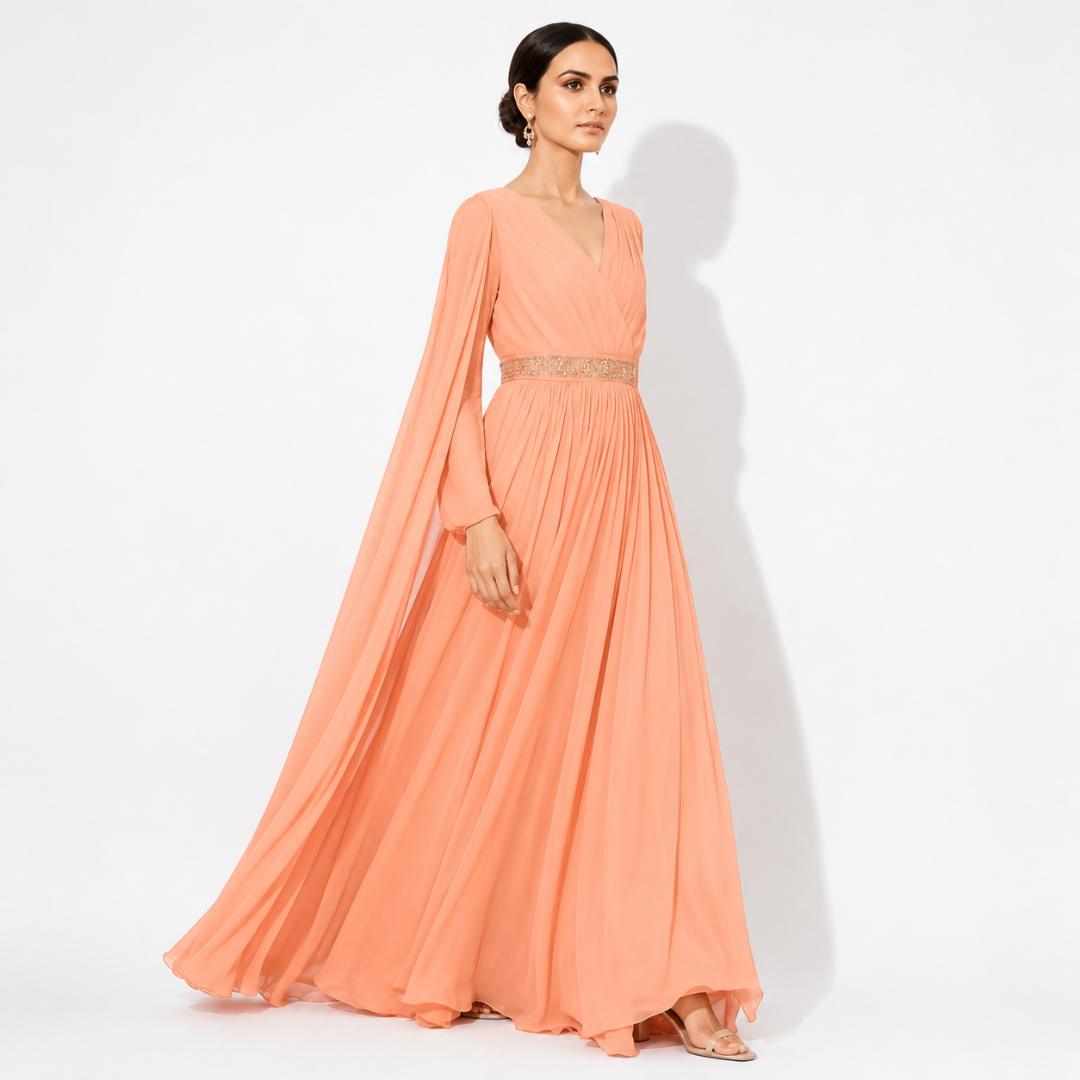 Peach Pleated Cape Sleeve Maxi Gown