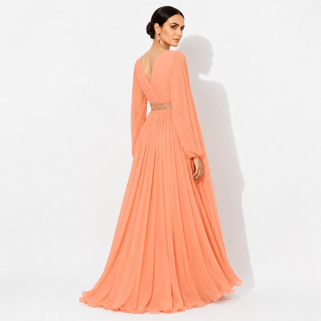 Peach Pleated Cape Sleeve Maxi Gown