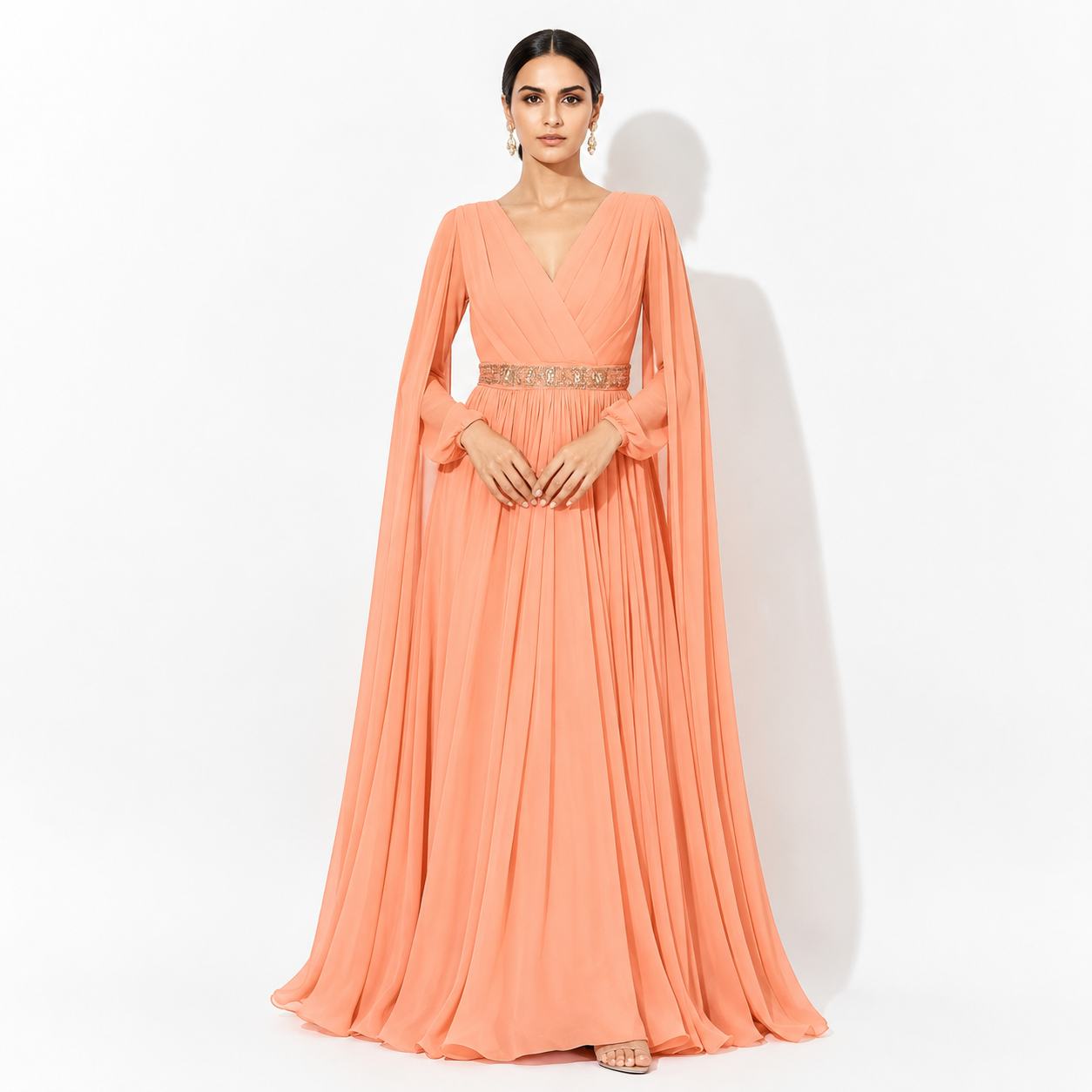 Peach Pleated Cape Sleeve Maxi Gown