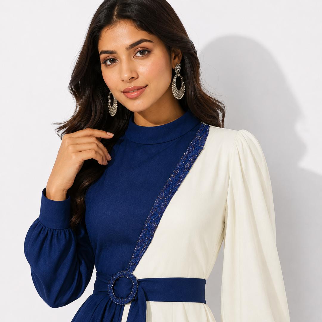Royal Blue & Ivory Contrast High Neck Maxi Gown with Embellished Belt Detail