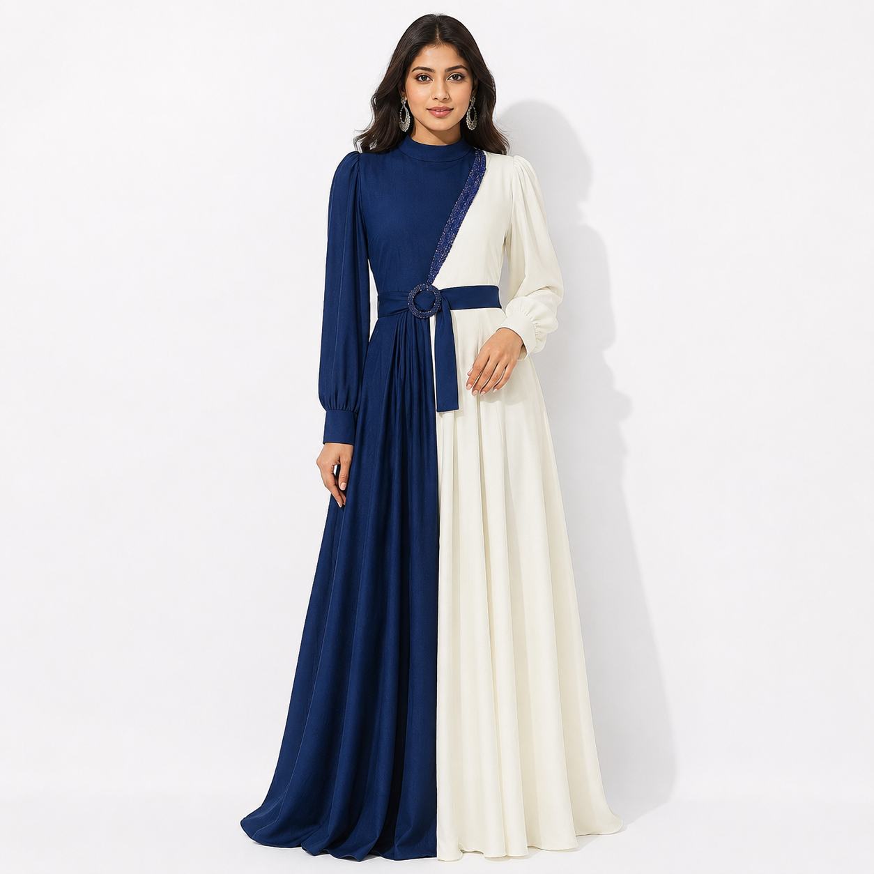 Royal Blue & Ivory Contrast High Neck Maxi Gown with Embellished Belt Detail