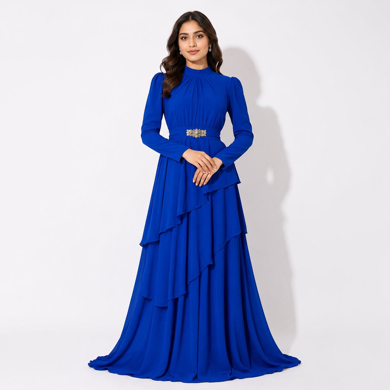 Royal Blue Layered Ruffle Maxi Gown with Embellished Waist Detail