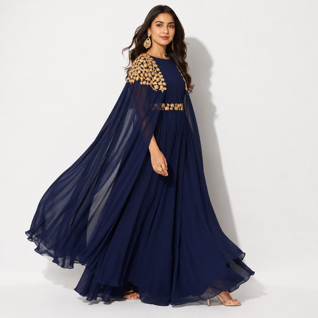 Navy Blue Gown for Women | Gold Work Cape Gown Party Wear Wedding