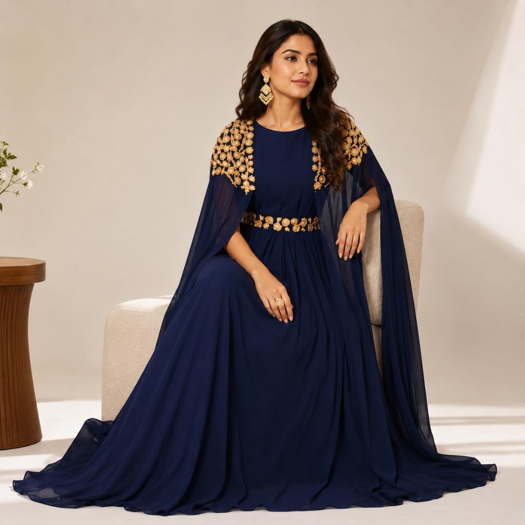 Navy Blue Gown for Women | Gold Work Cape Gown Party Wear Wedding