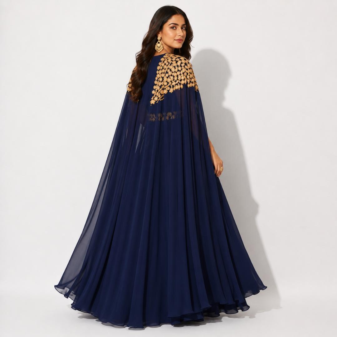 Navy Blue Gown for Women | Gold Work Cape Gown Party Wear Wedding