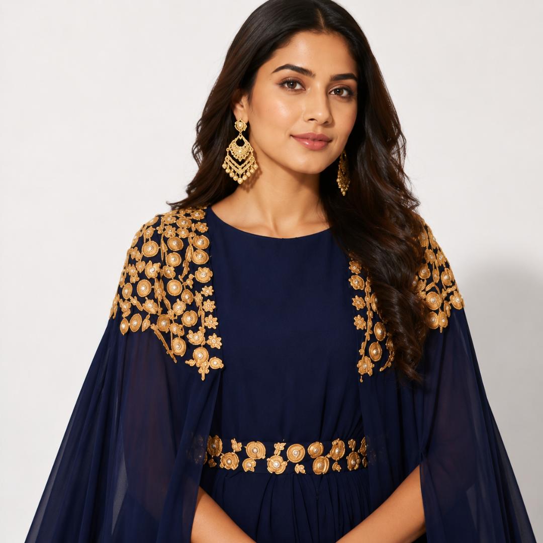 Navy Blue Gown for Women | Gold Work Cape Gown Party Wear Wedding