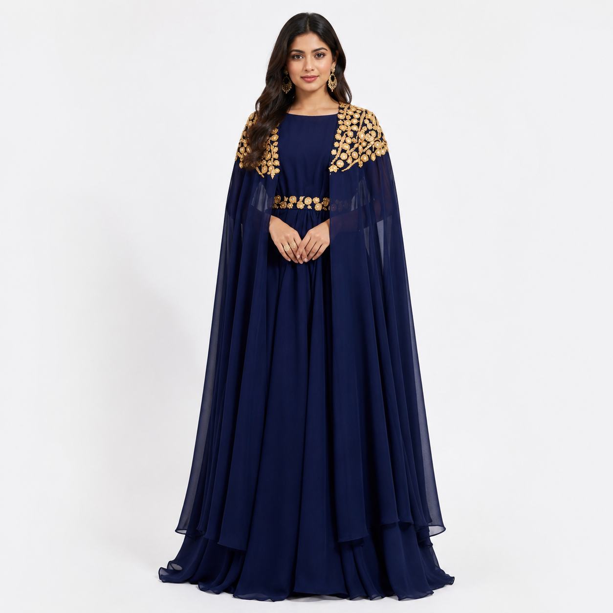 Navy Blue Gown for Women | Gold Work Cape Gown Party Wear Wedding