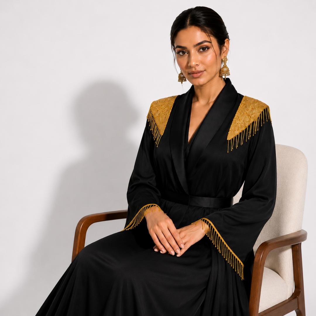 Royal Noir Gold Fringe Abaya
