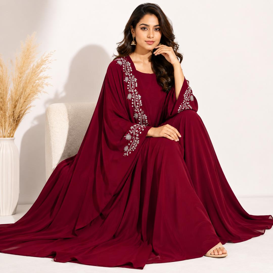 Maroon Embroidered Kaftan Dress for Women | Party Wear Kaftan Maxi