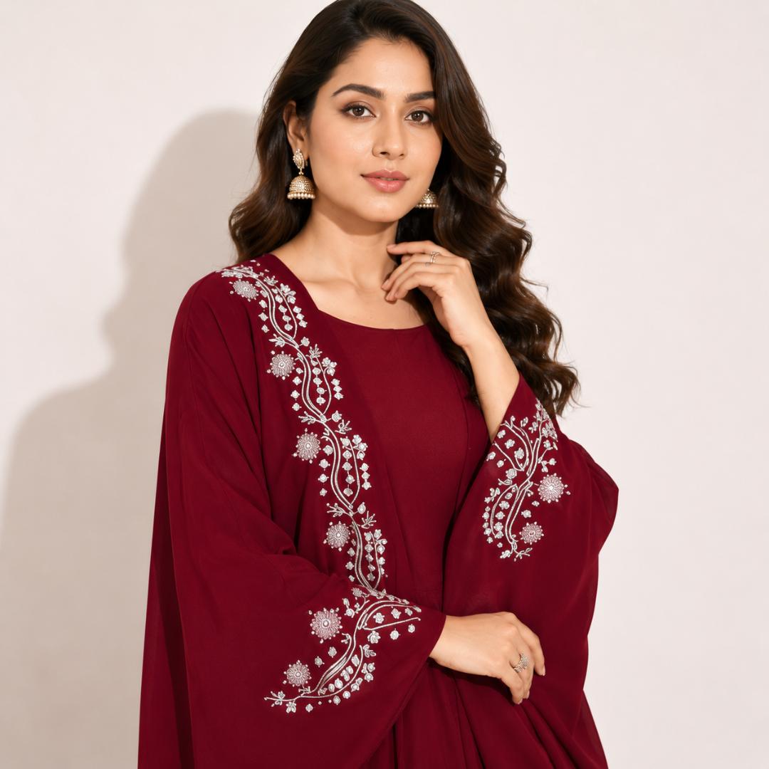 Maroon Embroidered Kaftan Dress for Women | Party Wear Kaftan Maxi