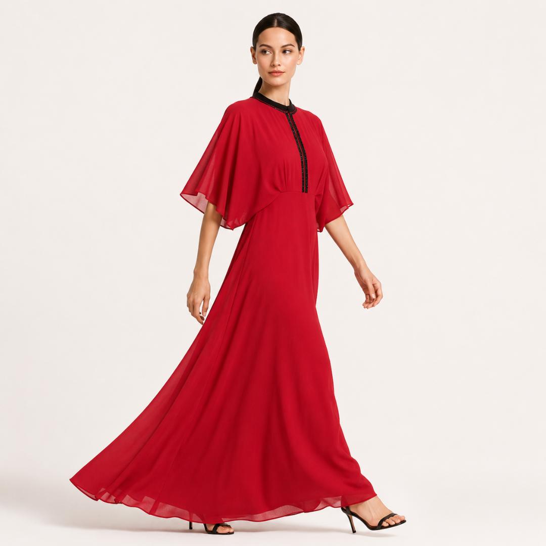 Red Kaftan Maxi Dress for Women | Batwing Sleeve Flowy Long Dress