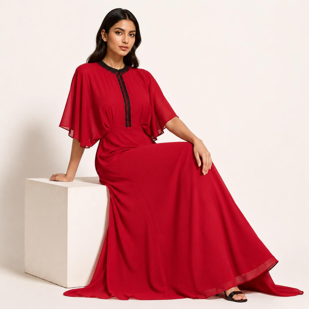 Red Kaftan Maxi Dress for Women | Batwing Sleeve Flowy Long Dress