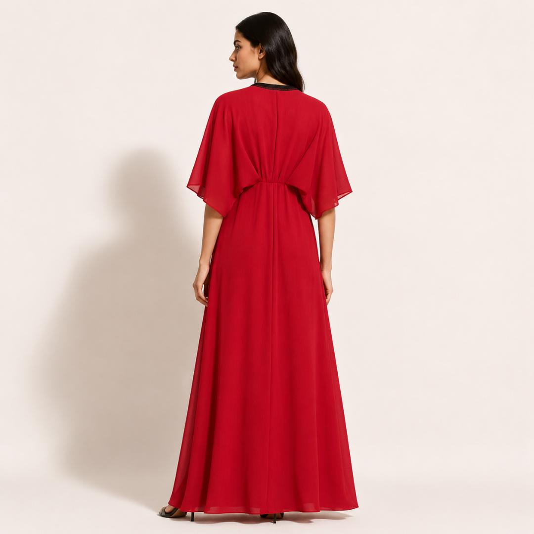Red Kaftan Maxi Dress for Women | Batwing Sleeve Flowy Long Dress