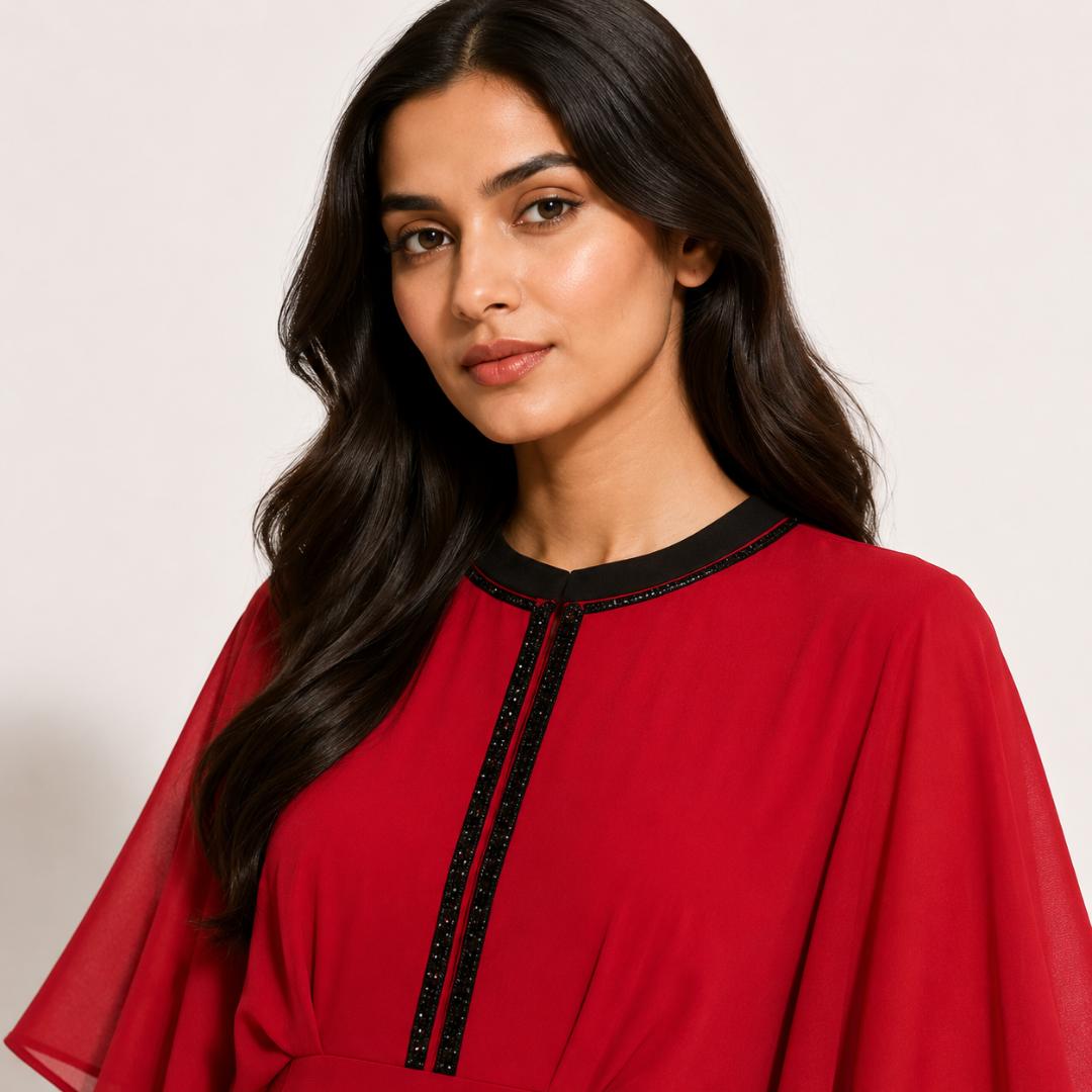Red Kaftan Maxi Dress for Women | Batwing Sleeve Flowy Long Dress