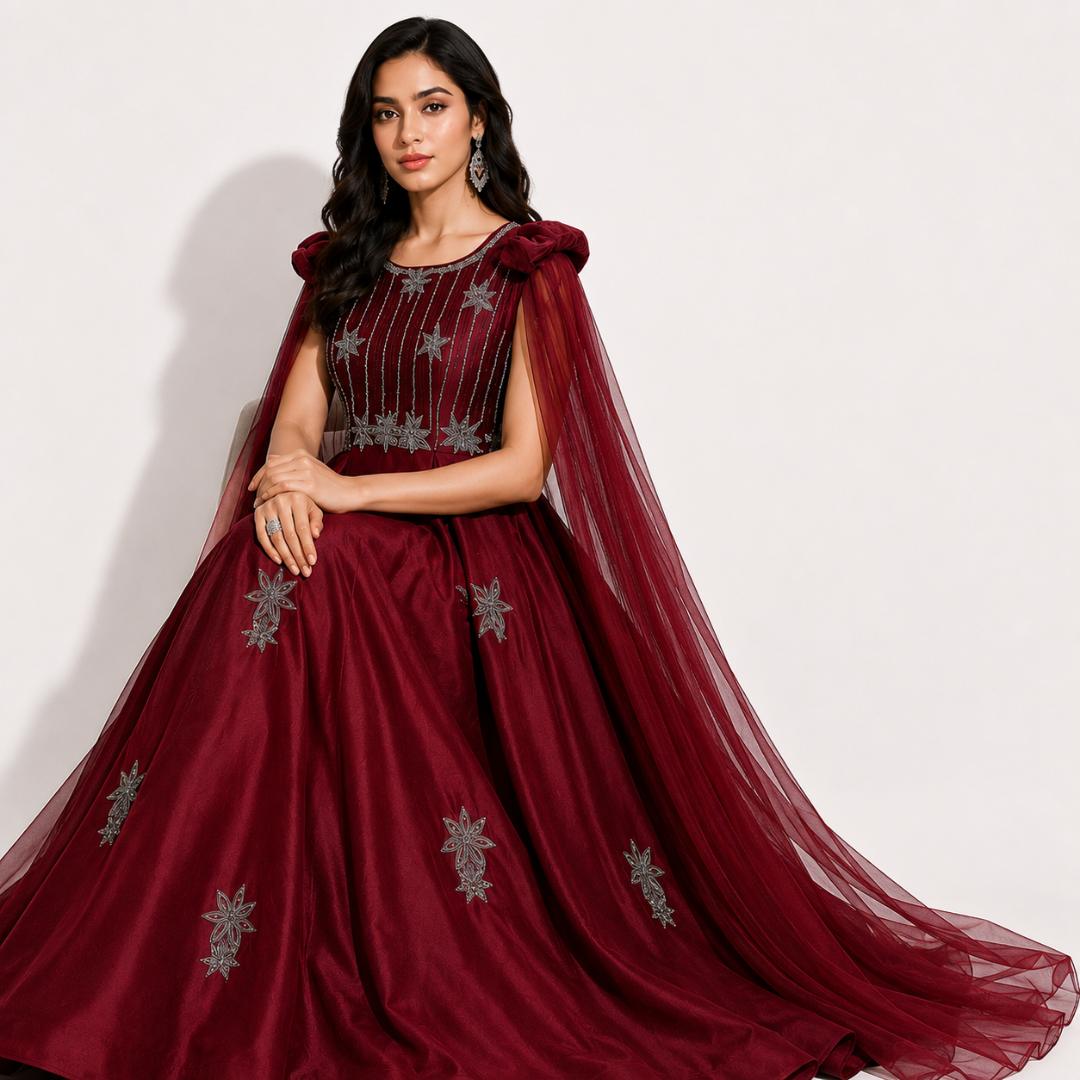 Ruby Red Embroidered Cape Sleeve Ball Gown with Metallic Detailing