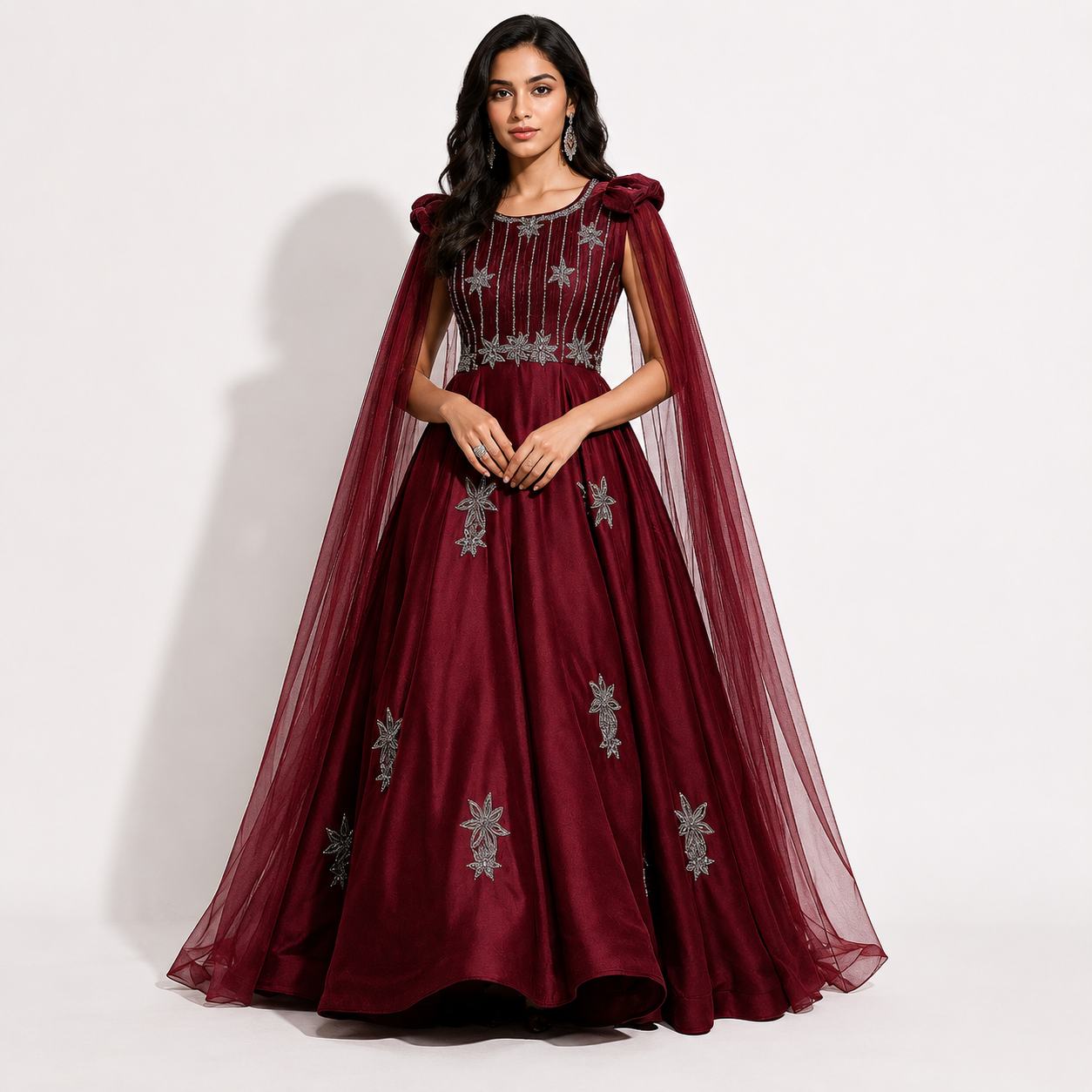 Ruby Red Embroidered Cape Sleeve Ball Gown with Metallic Detailing