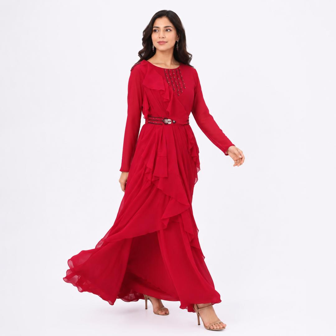 Red Ruffle Gown for Women | Heavy Party Wear Long Gown with Belt
