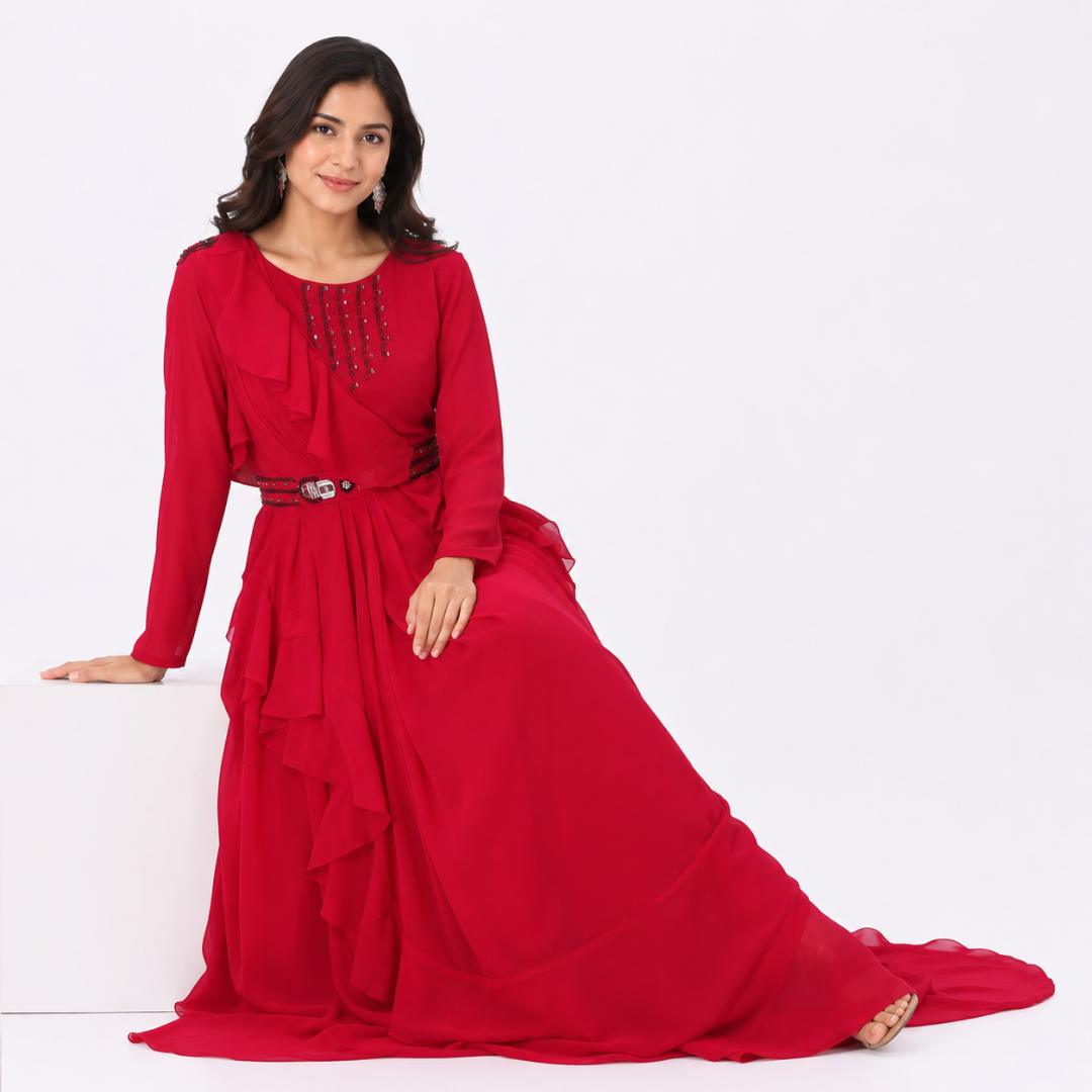 Red Ruffle Gown for Women | Heavy Party Wear Long Gown with Belt